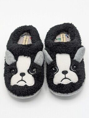 Dearfoams Kids 13-1 Black and Light Gray Fuzzy Sole Slippers Animal Dog  Clog
